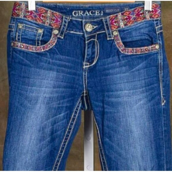 Grace in LA Embellished Aztec Embroidered Y2K Boot Cut Jean Size 27 - Picture 3 of 4